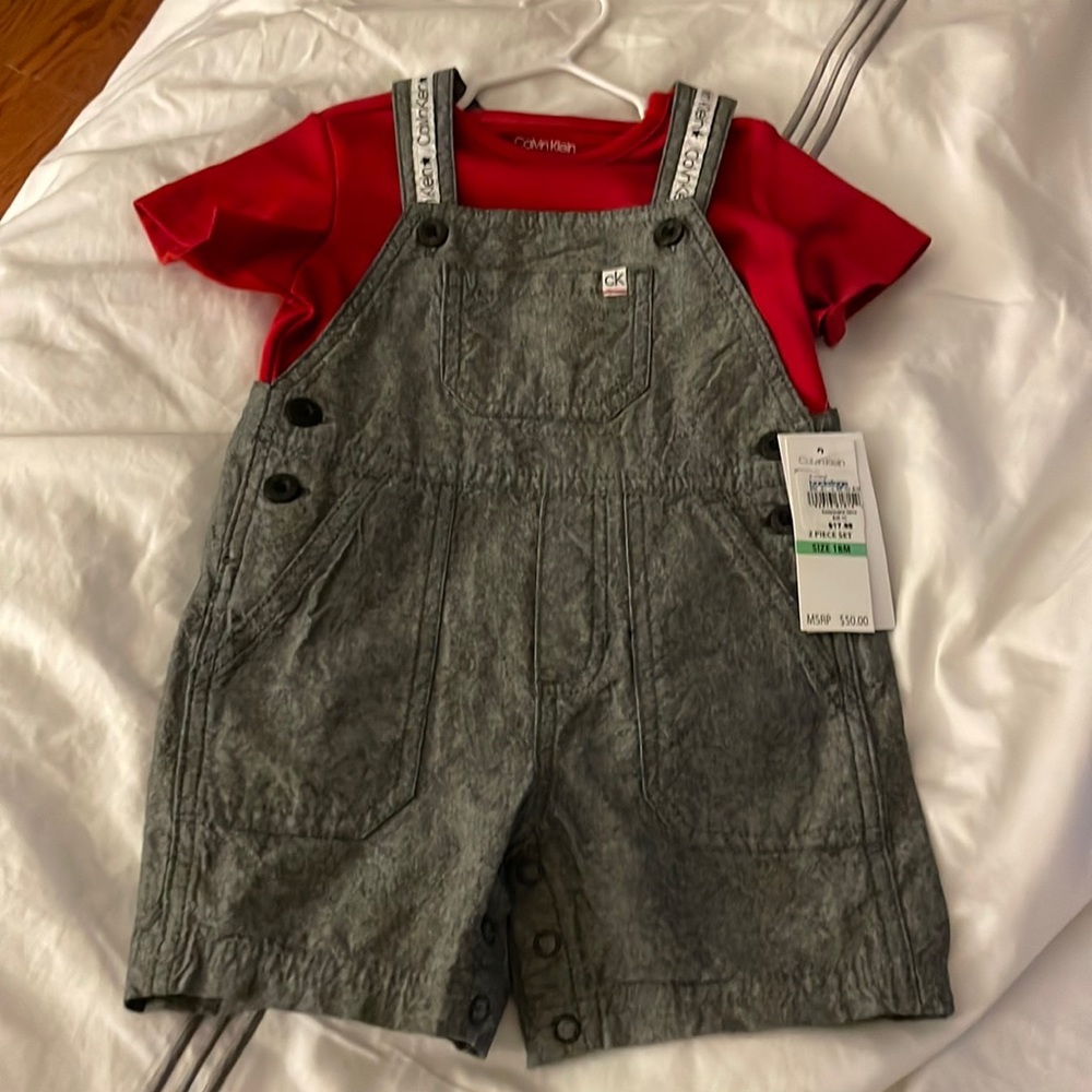 Baby boy two piece outfit, overalls and red tee shirt